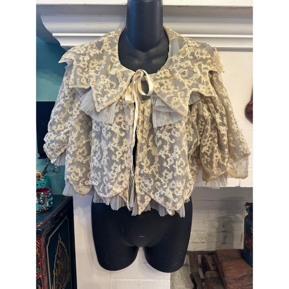 ANTIQUE 30's/40's PALEST BLUE/GRAY LAYERED LACE MESH ORGANDY BEDJACKET CARDIGAN - Picture 1 of 14